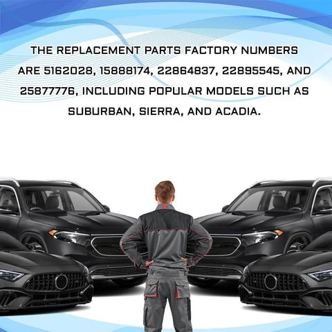 Mechanic stands between cars with text listing replacement part numbers for Chevrolet and GMC models.