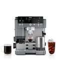 Brew Like A Pro At Home With This Triple Threat Espresso And Drip Coffee Maker Featuring Rapid Cold Brew Options Alongside Reliable Dual Shot Settings In Sleek Gunmetal Finish with coffee, espresso and iced drink.