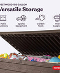 Beefy 150 Gallon Resin Outdoor Deck Box for Patio Storage and Organization open with sports equipment inside