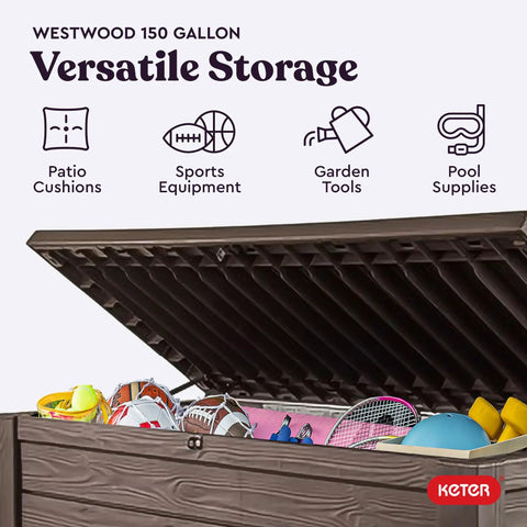 Beefy 150 Gallon Resin Outdoor Deck Box for Patio Storage and Organization open with sports equipment inside