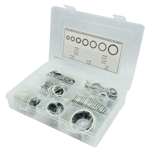 Oil Washer And Gasket Kit 160Pcs With Seven Sizes Dowty Self Centered Bonded Seal Washers In Plastic Box Pro Grade Automotive Bearings And Pumps Replacement From One Eighth Inch To One Inch