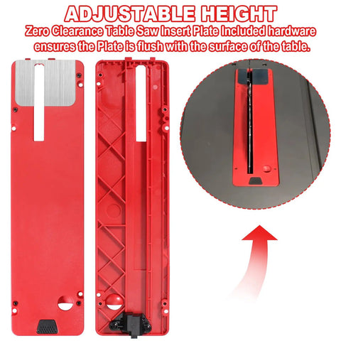 Top Shelf Zero Clearance Replacement Insert For Ten Inch Table Saw showing adjustable height feature and sturdy red finish.