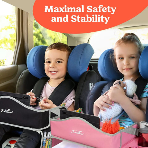 Kids in car with Kids Travel Tray For Car, Tablet Holder Lap Desk With Activity Sheets And Pens
