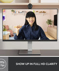Crisp 1080P Full HD Webcam Featuring Auto Light Correction Plug And Play Design in use during a video call with a person smiling.