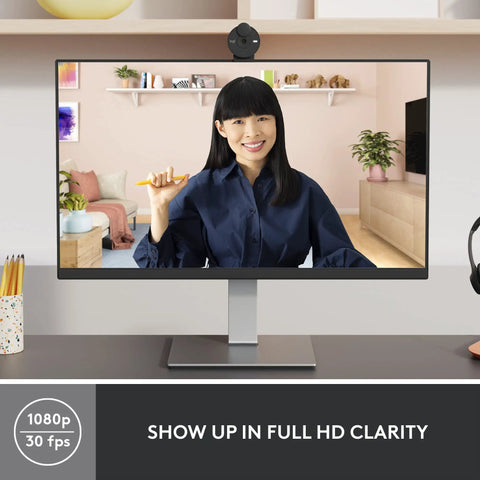 Crisp 1080P Full HD Webcam Featuring Auto Light Correction Plug And Play Design in use during a video call with a person smiling.