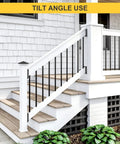 Installed railing bracket connectors for 2x4 wood posts on outdoor stair handrails, tilt angle use, built tough nylon construction.