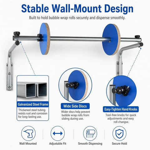 Heavy Duty Wall Mounted Bubble Wrap Dispenser And No Sweat Cushion Foam Stand For Fast Pack Ship Routines And Small Business Shipping Supply Organization with stable wall-mount design, sturdy steel frame, and blue discs.