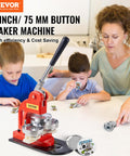 Adults and kids using 75mm Button Maker Kit With Punch Press For DIY Badges, machine on table, creating custom pins.