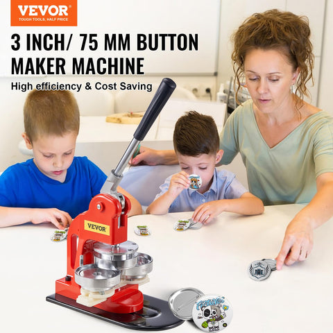 Adults and kids using 75mm Button Maker Kit With Punch Press For DIY Badges, machine on table, creating custom pins.