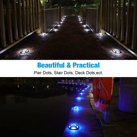 8 Pack Solar Dock Lights White Blue Two Color Switchable illuminating pathway and dock at night