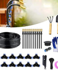 360 Degree Curved Garden Irrigation System with omnidirectional sprinkler heads, adjustable nozzles, 16.4ft hose, and accessories