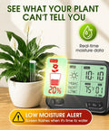 4 In 1 Wireless Soil Tester For Indoor And Outdoor Plants With Real Time Moisture, Temperature, Sunlight Readout And Large Screen, Easy Garden Water Meter For Lawn, Farm, And Houseplants, showing low moisture alert