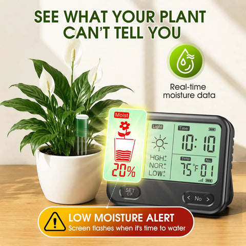 4 In 1 Wireless Soil Tester For Indoor And Outdoor Plants With Real Time Moisture, Temperature, Sunlight Readout And Large Screen, Easy Garden Water Meter For Lawn, Farm, And Houseplants, showing low moisture alert