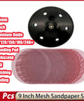 11 Inch Sanding Disc Set Comes With 225mm Mesh Hook And Loop Sandpaper For Super Smooth Jobs Plus 6 Hole Dust Extraction Backing Pad.