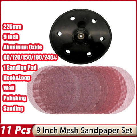 11 Inch Sanding Disc Set Comes With 225mm Mesh Hook And Loop Sandpaper For Super Smooth Jobs Plus 6 Hole Dust Extraction Backing Pad.