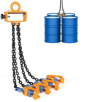 Front view of BEAMNOVA drum lifter with four orange hooks and black chains, blue 55-gallon drums in background