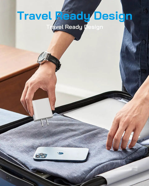Man packing 4 Pack 20W USB C Fast Chargers With 6 Foot MFi Certified Cables For iPhone 14 13 12 11 Pro Max in suitcase