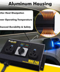 No Sweat Manual EV Charging Switch with rugged aluminum housing, 24 Amp circuit, and dual outlet for plug and play charging control.