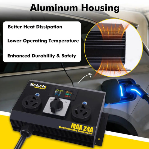 No Sweat Manual EV Charging Switch with rugged aluminum housing, 24 Amp circuit, and dual outlet for plug and play charging control.