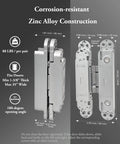 Heavy Duty Hidden Door Hinges 2 Pack, 6 Inch Concealed Hinge showing zinc alloy build, 180-degree opening angle, and weight limit.