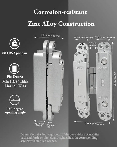 Heavy Duty Hidden Door Hinges 2 Pack, 6 Inch Concealed Hinge showing zinc alloy build, 180-degree opening angle, and weight limit.