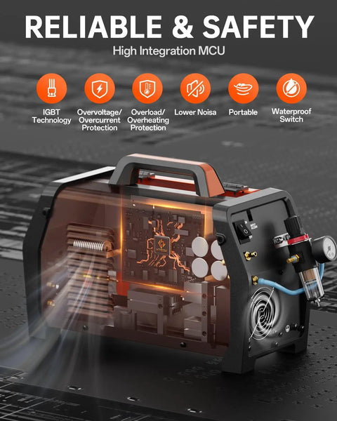 Multifunctional Welder Plasma Cutter Combo With 200A 220V Inverter And Aluminum Pulse MIG TIG Stick Gas And Flux Core MIG HF TIG 40A Plasma Cutter 2T And 4T Synergy Control Large Digital Display showcasing internal components and safety features.