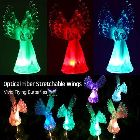 Solar Angel Lights Outdoor Decor Set Of 2 with Fiber Optic Wings and Color Changing LED Beads glowing in multiple colors.