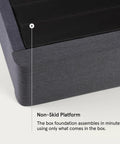 Close-up of queen mattress foundation box spring alternative, showcasing non-skid platform design for rock solid bed support.
