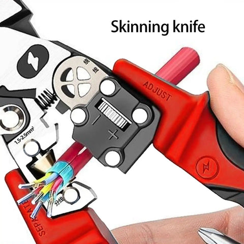 Close-up of Pro Grade Wire Stripping Tool with Built-In Electricity Tester showing wire stripping function.