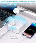 12 In 1 Surge Protector Power Strip With 10 Ft Braided Extension Cord 1080J Surge Protection 8 AC Outlets And 4 USB Charging Ports With 2 USB C Ports Wide 2 Point 2 Inch Spacing To Fit Large Adapters For Home Office And Gaming Setup, white desk use