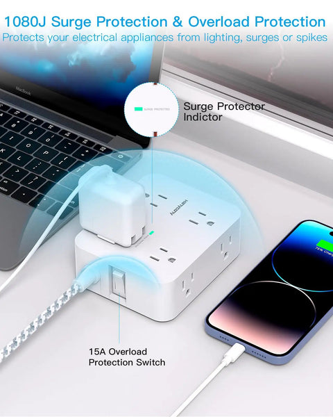12 In 1 Surge Protector Power Strip With 10 Ft Braided Extension Cord 1080J Surge Protection 8 AC Outlets And 4 USB Charging Ports With 2 USB C Ports Wide 2 Point 2 Inch Spacing To Fit Large Adapters For Home Office And Gaming Setup, white desk use