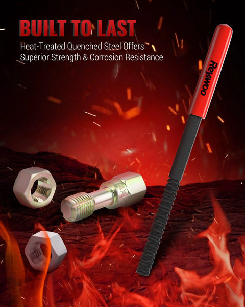 Reywoo 49-piece thread chaser set with 22 taps, 24 dies, and 3 thread files; red-handled restoration tool with metal dies.