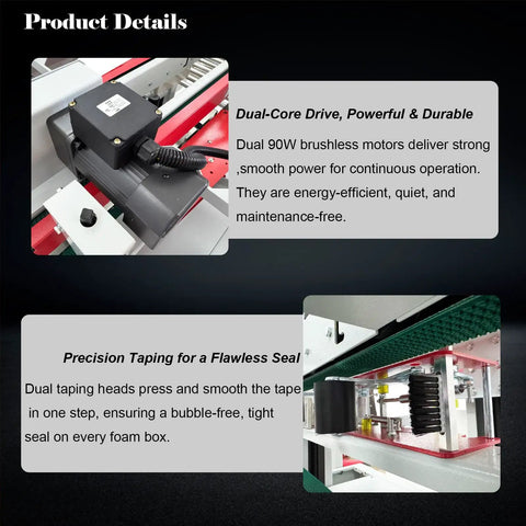 Close-up of Automatic Foam Box Side Sealing Machine 110V Built Tough Rubber Conveyor Belt with dual motors for energy-efficient sealing.