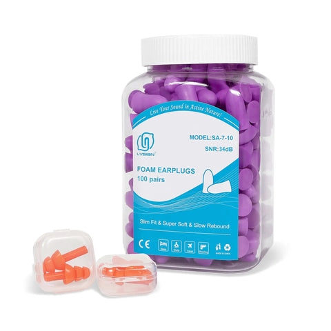 Small Foam Ear Plugs For Tiny Ear Canals, 100 Pairs Ultra Soft Noise Blocking, in a jar with purple plugs and extra orange set