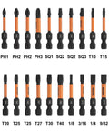 Beefy 20 Piece Impact Driver Bit Set in Premium S2 Steel for Torx Hex Phillips Square and Slotted Bits with sizes shown