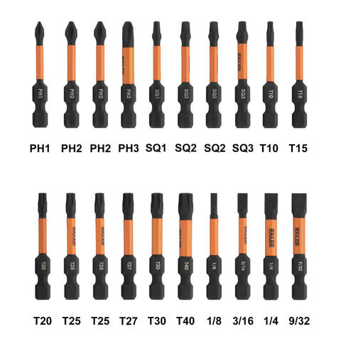 Beefy 20 Piece Impact Driver Bit Set in Premium S2 Steel for Torx Hex Phillips Square and Slotted Bits with sizes shown