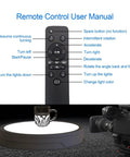 Remote control for Motorized 360 Degree Rotating Display Stand with cup on black 32 cm turntable, showing user manual details.