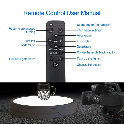 Remote control for Motorized 360 Degree Rotating Display Stand with cup on black 32 cm turntable, showing user manual details.