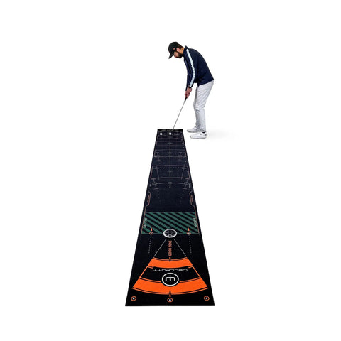 Person using 13-Foot Golf Putting Training Mat In Black With Pro Grade Green Replication And Eye Positioning Alignment Aids