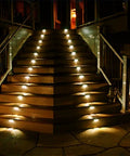 Outdoor Solar Deck Lights Pack Of 6, Waterproof Stainless Steel Stair And Path LED Lights illuminating garden stairs at night
