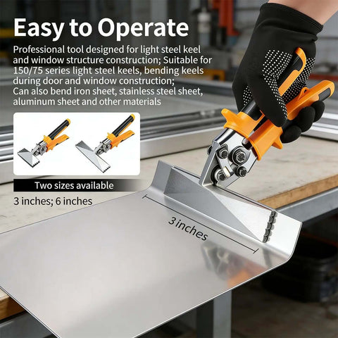 3 Inch Sheet Metal Hand Seamer With TPR Handle Straight Jaw Bender in use for bending a sheet, highlighting 3-inch width.