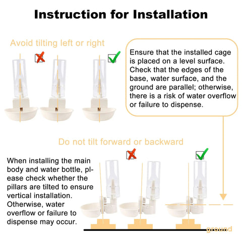 Instructions for installation of Hanging Gravity Water Dispenser For Small Pets Automatic Cage Hydration Bowl with tilting guidance.