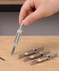 Beavorty Premium Steel And Carbide Tipped Electric Drill Pilot Bits For Cabinet Hinge Installations displayed on a wooden surface.