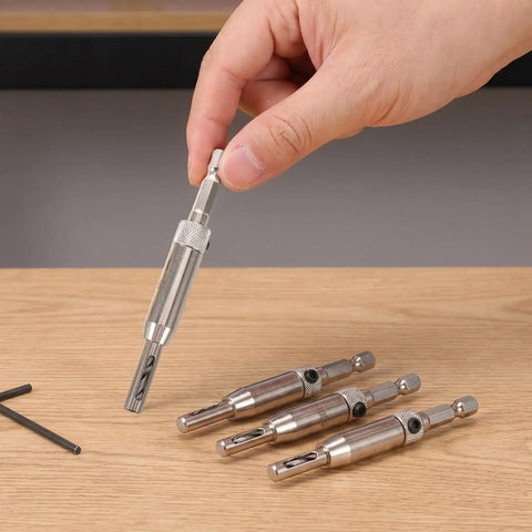 Beavorty Premium Steel And Carbide Tipped Electric Drill Pilot Bits For Cabinet Hinge Installations displayed on a wooden surface.
