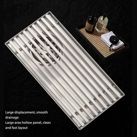 Oreilet Linear Shower Drain Bathroom Floor Drain with Hair Catcher (Side) view showcasing stainless steel slats for efficient drainage.