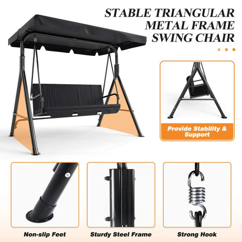 Three-Seat Outdoor Patio Swing Chair With Adjustable Canopy And Durable Steel Frame For Patio Garden And Poolside Black Finish