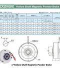 Diagram and specifications of Thin Magnetic Powder Brake Heavy Duty Tension Controller Kit, including measurements and models.