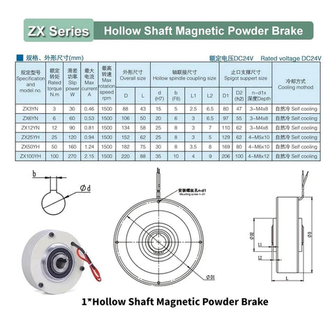 Diagram and specifications of Thin Magnetic Powder Brake Heavy Duty Tension Controller Kit, including measurements and models.