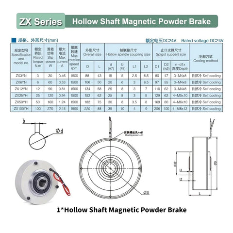 Thin Magnetic Powder Brake Tension Controller Kit For Unwinding, 1500RPM Hollow Shaft, Pro Grade Adjustable Torque 3, 6, 12, 25, 50, 100 Nm