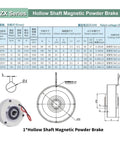 Diagram and specification of Thin Magnetic Powder Brake Tension Controller Kit Pro Grade For Unwinding Systems 1500Rpm Hollow Shaft Adjustable 3Nm To 100Nm DC24V Bag Machine Compatible For Industrial Use And High Reliability